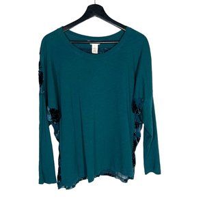 Sundance Blue Long Sleeve Velvet Floral Pattern Top Large